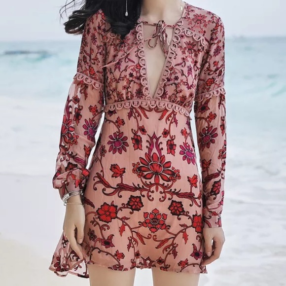 Long Sleeve Boho Floral Gypsy Print Dress Pink - Picture 5 of 14